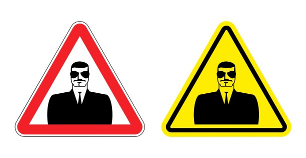 注意间谍危险黄色警告标志图片下载
