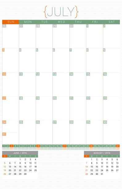 日历计划2016年设计模板七月周图片下载