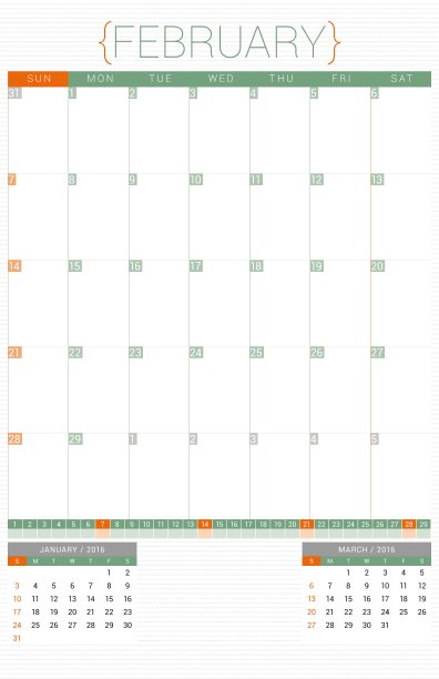 日历计划2016年2月设计模板图片下载