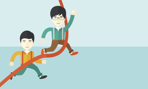 两个亚洲人跑向终点线图片下载