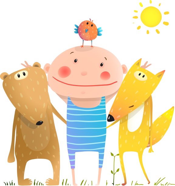 动物朋友狐狸熊鸟和小孩幼稚图片下载