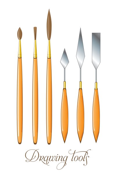 一套绘图工具画笔和调色板刀图片下载