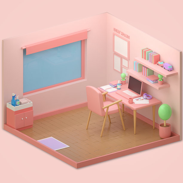 3d说明最小的家庭办公室模拟概念。2019冠状病毒病隔离期间在家工作的概念。图片下载