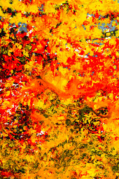 明亮的背景图形图像。滴。表达式。五彩缤纷的泄漏缺陷。混合颜色。郁郁葱葱的熔岩橙色，黑色，白色，红色，黄色。垂直的。平的。图片下载