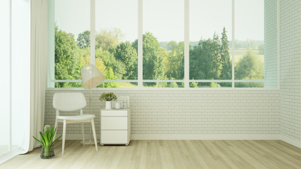 咖啡店或住宅中的起居区和自然景观-房屋或公寓中的起居室，享有森林景观背景-室内简约设计-3D渲染图片下载