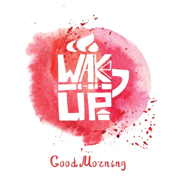 马克杯与文字唤醒水彩红色飞溅图片下载