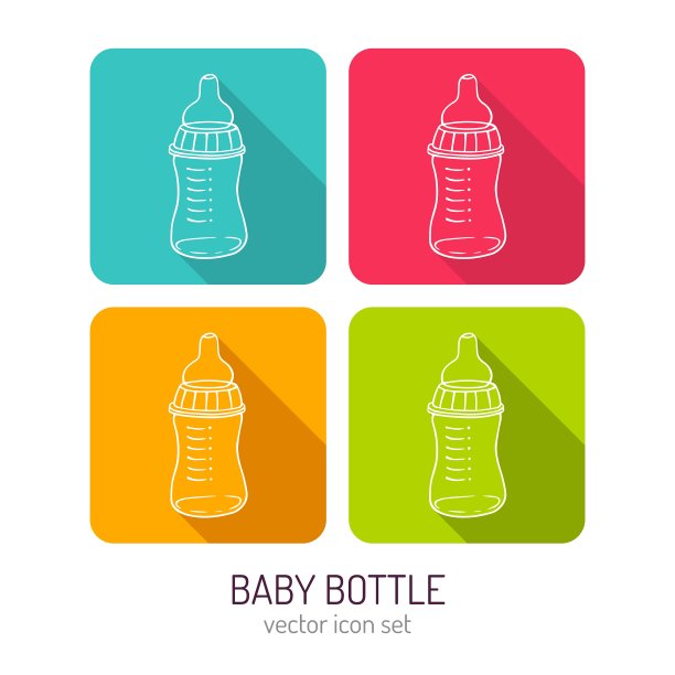 线条艺术婴儿奶瓶图标设置在四个图片下载