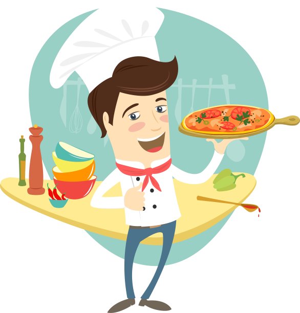 滑稽的厨师在厨房端披萨图片下载