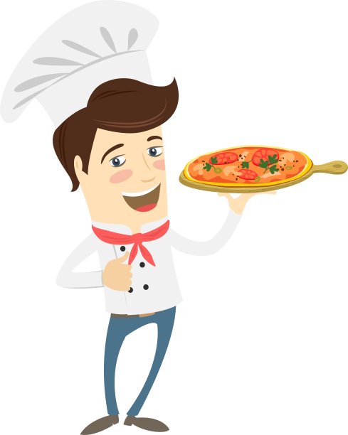 滑稽的厨师在厨房端披萨图片下载