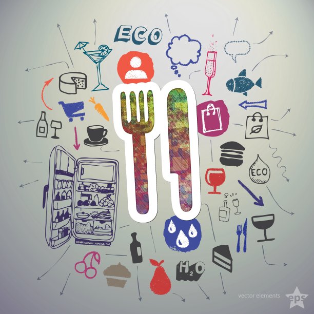 手绘食物图标集和贴纸与餐具图片下载