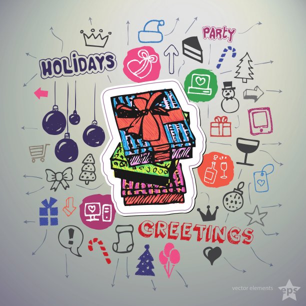 手绘节日图标集和贴纸与礼物图片下载