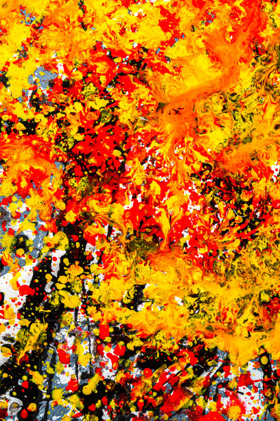 明亮的背景图形图像。滴。表达式。五彩缤纷的泄漏缺陷。混合颜色。郁郁葱葱的熔岩橙色，黑色，白色，红色，黄色。垂直方向。前视图。图片下载