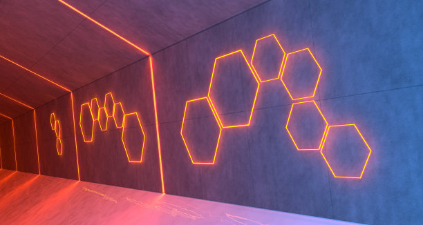 六边形霓虹灯照亮的未来走廊图片下载