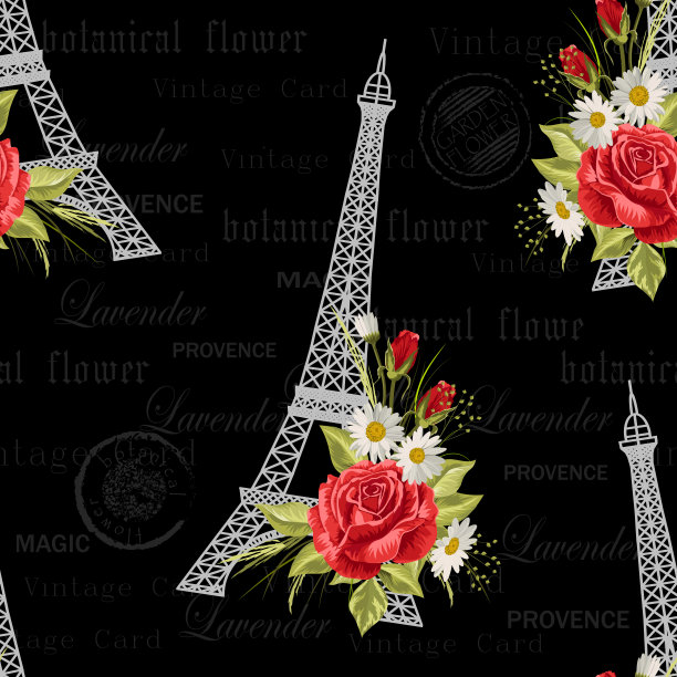 无缝花卉图案与埃菲尔铁塔在复古明信片的背景。矢量插图。图片下载