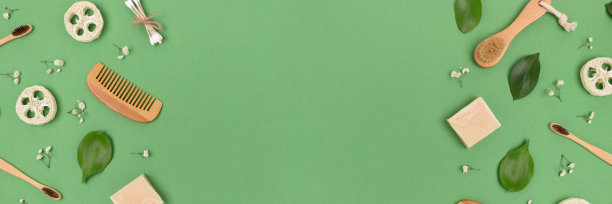 以绿色粉彩为背景的零废物个人卫生用品横幅。图片下载