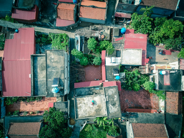 滤波图像鸟瞰图小高原农村小镇在越南北部密集的住宅图片下载