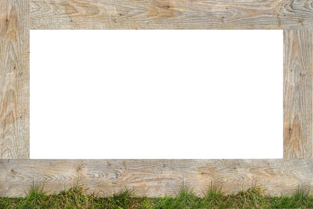 由真正的木板制成的框架，底部覆盖着绿草，中间是复制空间。图片下载