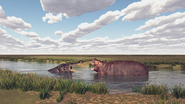 鳄鱼和河马在河流景观图片下载