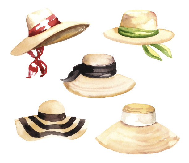 水彩时尚流行的夏季帽子设置插图孤立在白色的背景图片下载