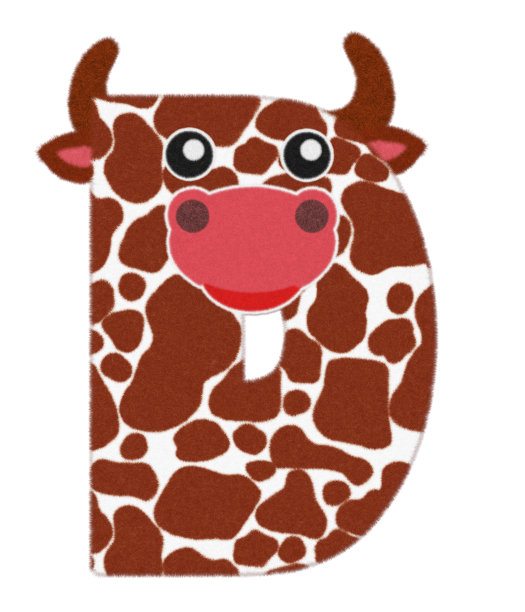 3D插图牛卡通人物毛毛羽毛字母D装饰可爱的牛脸，棕色公牛或牛字母D孤立在白色背景有裁剪路径。设计字体动物的概念。图片下载