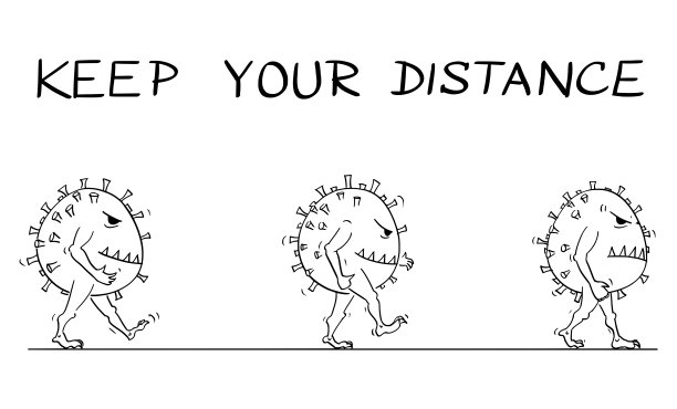 新冠肺炎疫情期间，冠状病毒在街上行走的矢量卡通教学插图。保持距离文字图片下载