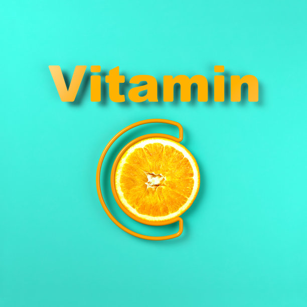 维生素C的创造性拼写。字母C里面有一个橘子的图像。极简主义风格。3 d演示。图片下载