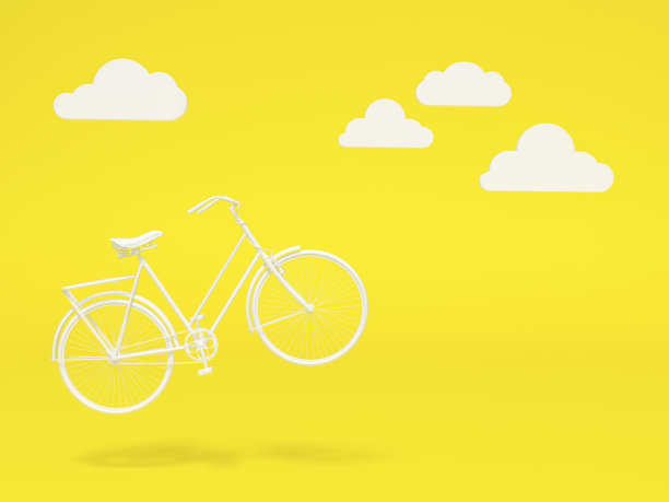 白色自行车漂浮在天空与云彩形状装饰3d渲染。3d插图生态运输。黄色背景的老式自行车。放松，假期模板最小的夏季概念。图片下载