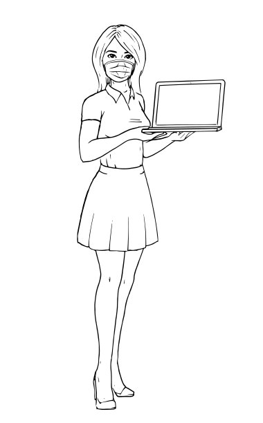 画一个拿着笔记本电脑，戴着面罩的女人。图片下载