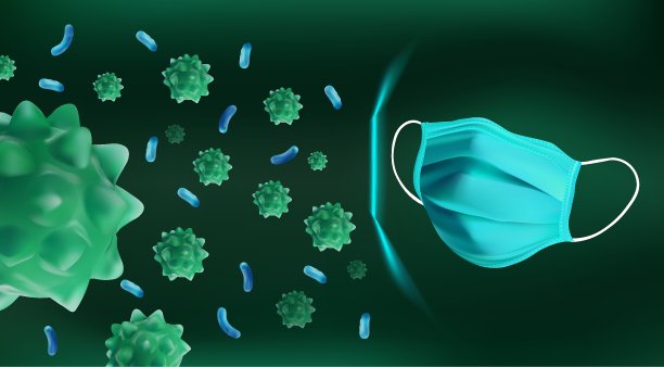 病毒病。摘要背景病毒与医用口罩。世界大流行。细菌,真菌微生物。对生物体的危险。医用口罩病毒防护。矢量图素材图片