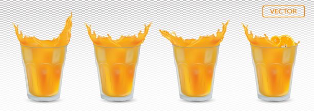 鲜榨橙汁装在透明的玻璃杯里。3D逼真的橙色飞溅。靠近果汁。矢量图。图片下载