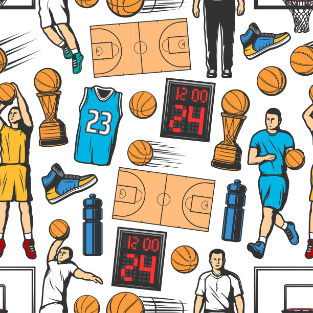 篮球运动员，球，奖杯无缝图案图片下载