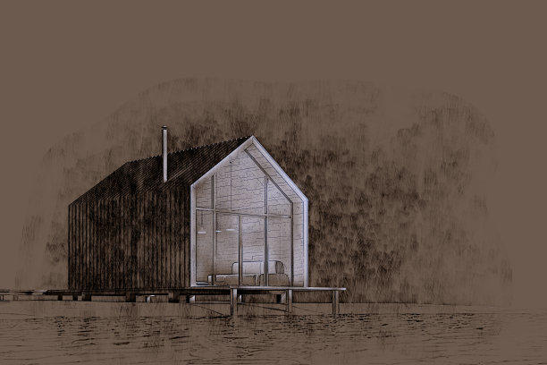 铅笔和水彩画的现代木屋与高屋顶在斯堪的纳维亚风格的白色背景。傍晚的灯光和窗外的灯光。股票插图。图片下载