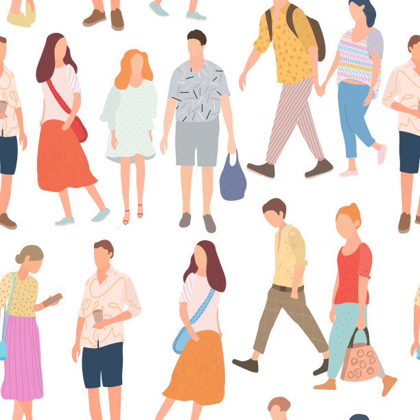 无缝模式与行走的年轻人。男男女女穿着五颜六色的衣服，摆着不同的姿势，站着忙着自己的事情。向量图片下载