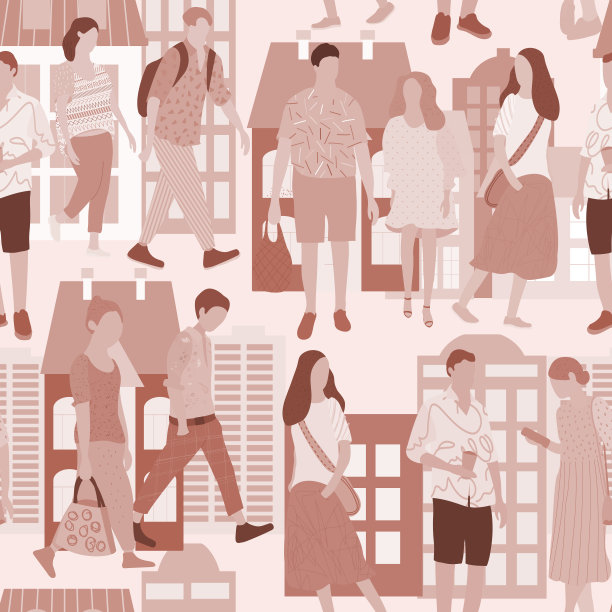 黑白无缝图案与行走的年轻人。男人和女人穿着不同的服装，摆着不同的姿势，站着做自己的事情。向量图片下载