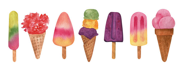 手绘水彩收集冰淇淋贺卡，海报，食谱，烹饪设计。孤立在白色背景上。可爱的彩色夏季插图。图片下载
