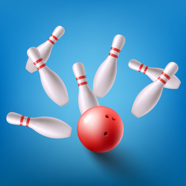 保龄球俱乐部旗帜模板与球撞进瓶子矢量插图。图片下载