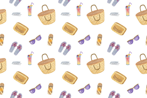 重复图案的夏季海滩元素包，太阳镜，钱包，鸡尾酒，人字拖，简单无缝装饰的纺织品，织物，数字纸，图像暑假和假期设计图片下载