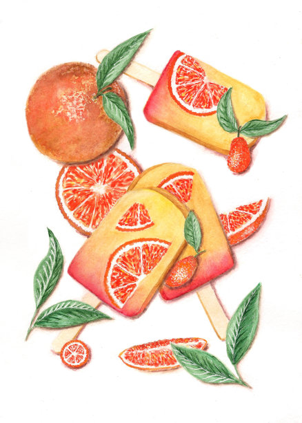水彩手绘冰淇淋冰棒插画白色背景，冰淇淋图案，水果冰棒与橙子图片下载