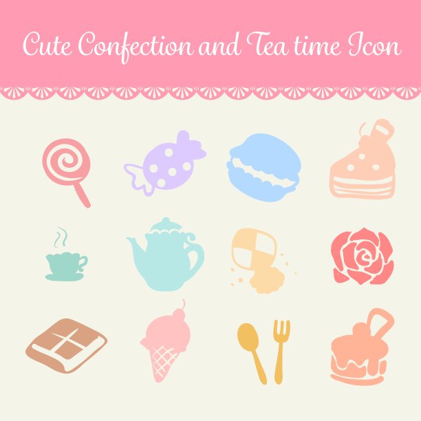 可爱的粉彩糖果和茶时间卡通图标图片下载