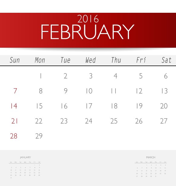 2016年日历为月度日历模板图片下载
