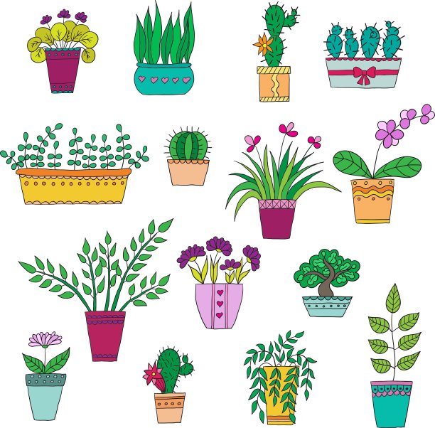 可爱的手绘花在花盆里图片下载