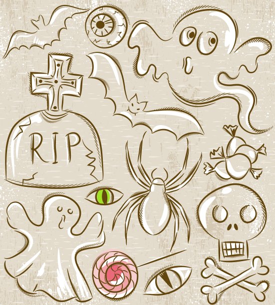 万圣节设置与幽灵墓蝙蝠和蜘蛛图片下载