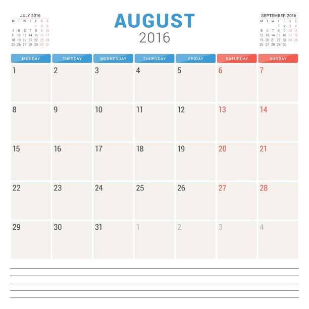 日历计划2016年平面设计模板8月图片下载