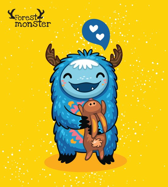 黄色背景上有兔子的快乐蓝色怪物图片下载