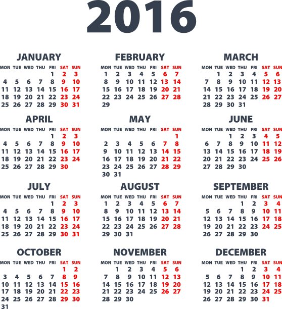 2016年白色背景周日历开始图片下载