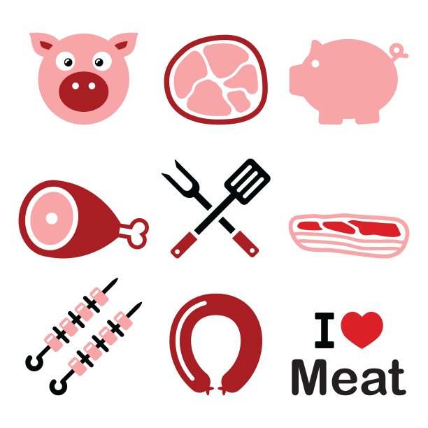 猪肉粉色火腿和培根图标集图片下载