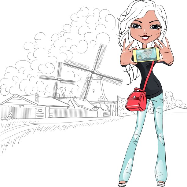 荷兰时髦女孩在风车上自拍图片下载