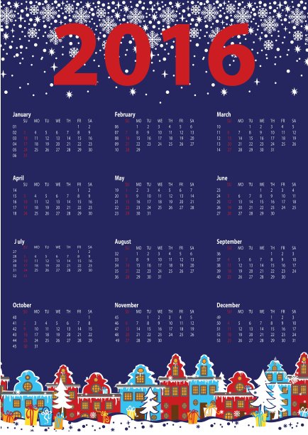 历法2016年小镇冬夜图片下载