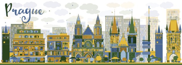 抽象的布拉格天际线与彩色地标图片下载