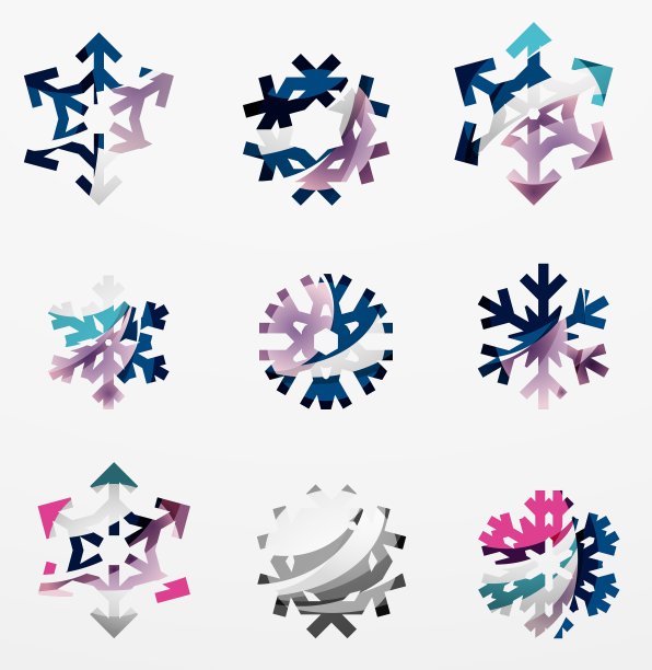一套抽象的彩色雪花标志图标图片下载